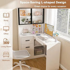 43.3" White L Shaped Office Desk with Glass Cabinets and Drawers - Image 3