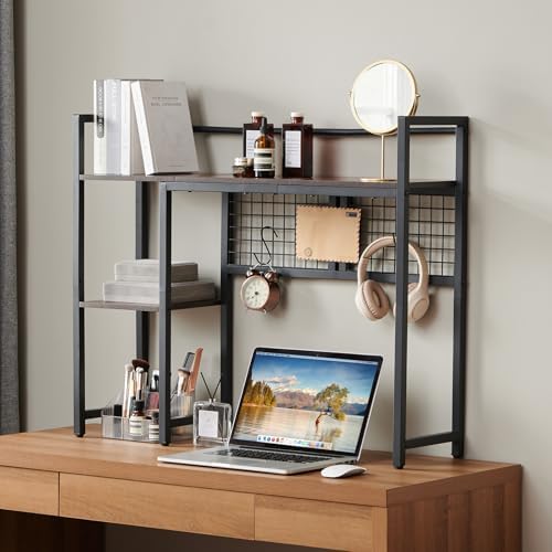 4-Tier Desk Hutch Shelf with Grid Panel, 36” Desktop Bookshelf for Monitor, Office & Home (Rustic Brown, 36") - Image 2