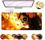 Large Keyboard Mouse Pad Set, Extended Mouse Pad+Keyboard Wrist Rest Support, Memory Foam Ergonomic Easy Typing, 4Pcs (31.5×11.8 in) Desk Pad Set for Office Home,Skull Woman with Rose by Unknown