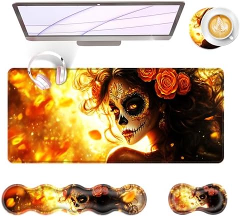 Large Keyboard Mouse Pad Set, Extended Mouse Pad+Keyboard Wrist Rest Support, Memory Foam Ergonomic Easy Typing, 4Pcs (31.5×11.8 in) Desk Pad Set for Office Home,Skull Woman with Rose by Unknown