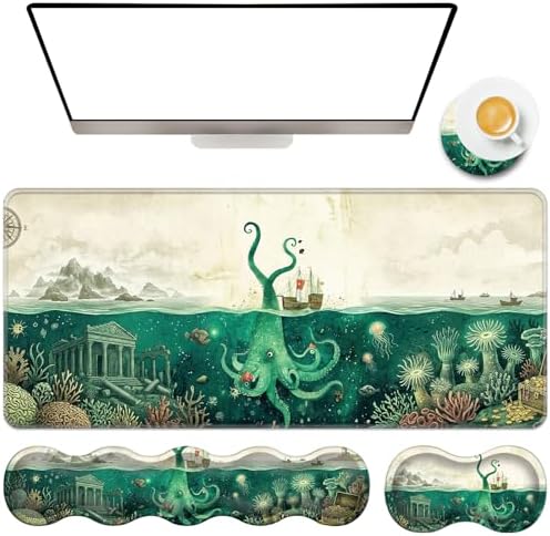 TGFEWYTJYJ Extended Gaming Mouse Pad,Memory Foam Ergonomic Keyboard Mouse Wrist Rest Support Set,Large Desk Mat with Stitched Edges,Non-Slip Base Mousepad Home Office,Sea Octopus by GFEWYTJYJ