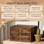 Stackable Modular Desktop Drawer Organizer, Solid Vintage Wood 3-Drawer Storage Unit with Label Pull Handles, Burnt Aged Wooden Japandi Style, Expandable by Adding More Units for Clutter-Free Spaces - Image 4