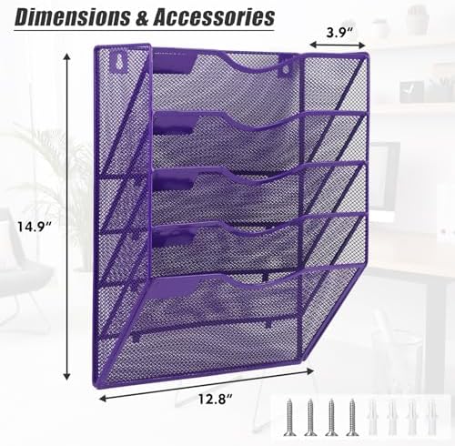 EASEPRES 5 Pocket Mesh Hanging Wall File Organizer, Wall Mounted Mail Paper Document Folder Holder, Clipboard Storage Organization Magazine Rack with Nametag Label for Office Home School, Purple - Image 2
