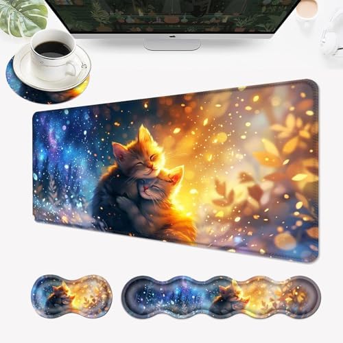 Desk Mat, Mouse Pad with Wrist Rest, 4-in-1 Large Mouse Pads for Desk, Ergonomic Mouse Pad and Keyboard Wrist Rest Gaming Keyboard Mat for Office,Cute Cat Sunshine by EFGWSDER