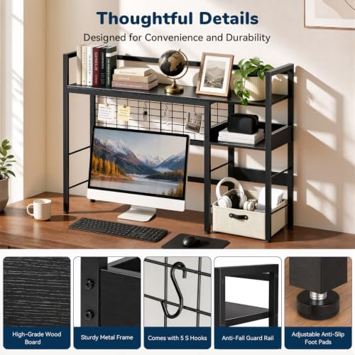 Desk Shelf, 38.6" Desk Hutch with Pegboard Hooks Set, Black - Image 7