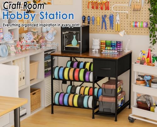 3D Printer Table with Filaments Storage, 3D Printer Stand Storage Rack with Drawer, Wood Desktop Printing Workstation with 4-Tier Spool Holder for Workshop Studio Office - Image 2
