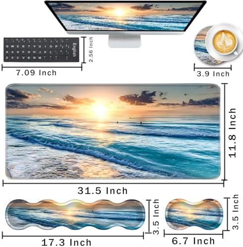 Keyboard Wrist Rest and Mouse Pad with Wrist Support Set Ergonomic Coaster,Memory Foam,Easy Typing Pain Relief,Large XL Desk Mat 31.5"x 11.8",Beach - Image 2