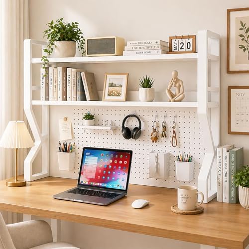 Lefedrasticity 3 Tier Desktop Bookshelf with Pegboard Desktop Organizer Shelf for Dorm Heavy-Duty Desk Shelf Organizer Desk Bookshelf for Office Dorm Room Gaming Desks (White, 45.3" L) by %F0%9D%97%9F%F0%9D%97%B2%F0%9D%97%B3%F0%9D%97%B2%F0%9D%97%B1%F0%9D%97%BF%F0%9D%97%AE%F0%9D%98%80%F0%9D%98%81%F0%9D%97%B6%F0%9D%97%B0%F0%9D%97%B6%F0%9D%98%81%F0%9D%98%86