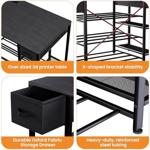 3D Printer Table with Storage, Heavy Duty Metal 3D Printer Stand with Filament Storage Drawer & Power Hub, Large Capacity 3D Printer Desk for Workshop, Studio & Home Office(Black) - Image 6