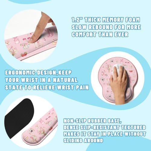 Pink Collage Desk Mat Set Coquette Floral Cute Aesthetic Large Mouse Pad with Wrist Rest 4in1 Desk Mat for Desktop Ergonomic Computer Desk Arm Wrist Anti-Slip Computer Mouse Pad Home Office Gaming - Image 3