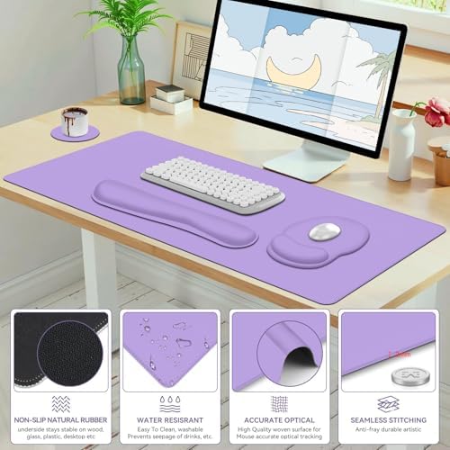 Mouse Pad Desk Pad Protector, Keyboard Wrist Rest + Mouse Pad Wrist Rest +Coaster, Large Gaming Mouse Pad for Deskpc Computer Keyboard Laptop, XXL Desk Mat Writing Pad for Office and Home, Purple - Image 7