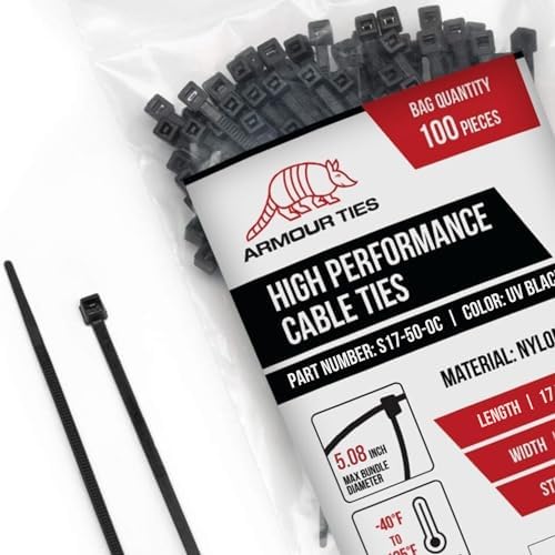 17 Inch Black Zip Ties, 50 lb Tensile Strength, 100-Pack by Armour+Ties
