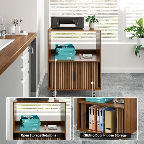 3-Tier Printer Stand, Fluted Rolling Printer Table with Storage, Walnut - Image 4