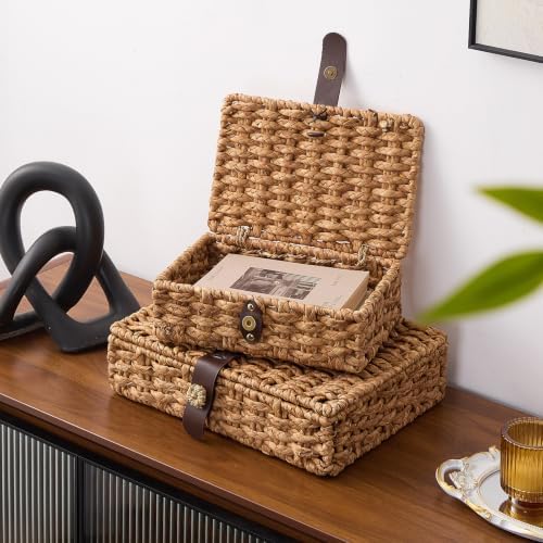 Decorative Box with Lid, Wicker Storage Basket, Water Hyacinth Woven Decorative box for Shelf, Coffee Table, Console Table, Home Decor (Large) - Image 4