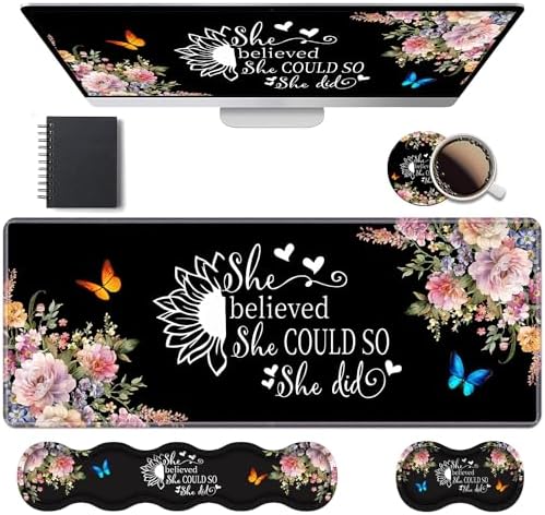 Ergonomic Keyboard Wrist Rest & Mouse Pad Wrist Rest Set, 31.5"x 11.8" Large XXL Gaming Desk Pad Memory Foam Non-Slip Desk Mat for Office & Home, Floral Quote She Believed She Could So She Did by Unknown