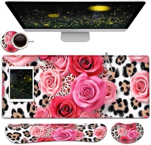 Large Mouse Pad + Keyboard Wrist Rest Set, Extended Gaming Mousepad (31.5X11.8 inch) with Non-Slip Rubber, Ergonomics Memory Foam Mouse Wrist Rest Support, Leopard Rose Painting XXL Desk Pad by Unknown