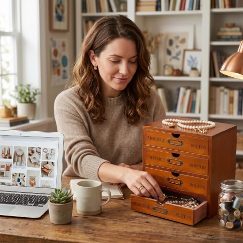 Wesiti Wooden Desk Organizer, 4 Drawers, Vintage Makeup Cabinet, Brown - Image 6