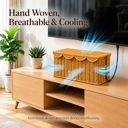 Cable Management Box, Faux Rattan Cord Organizer Basket for Power Strips - Image 5