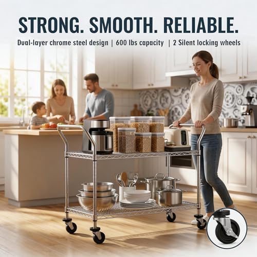 Finnhomy 2 Tier Commercial Grade Rolling Cart, Heavy Duty Utility Cart, Carts with Wheels and Handles, Kitchen Carts on Wheels, Metal Cart with 600 lbs Capacity, Shelf Size 23.6"Dx47.2"W x 39.4"H, NSF - Image 3
