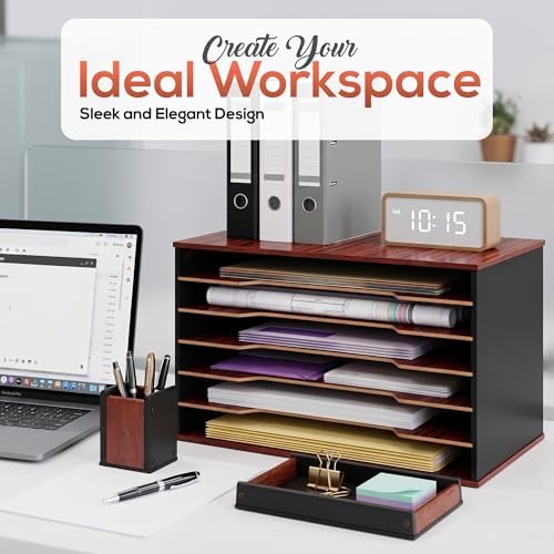Wooden Paper Organizer Full Set, Pen Holder & Tray, 12x18, Mahogany Finish - Image 2