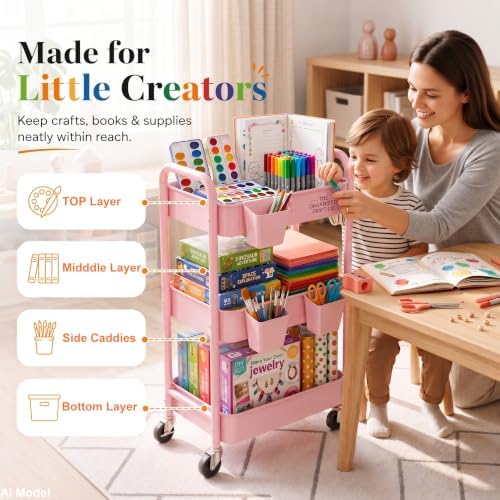 3 Tier Rolling Cart Metal with Lockable Wheels,Pink Baby Diaper Caddy Carts - Image 4