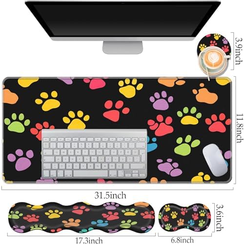 Keyboard Wrist Rest and Mouse Pad Set,31.5x11.8 Inches Desk Mat,Waterproof Non-Slip Ergonomic Wrist Support for Pain Relief,Extended Desk Protector for Office Home Gaming,Dog Paw Prints - Image 3