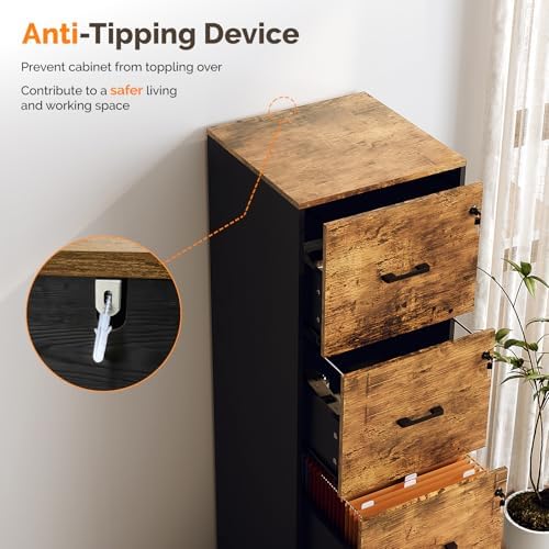 VINGLI 4 Drawer File Cabinet with Lock, Home Office Filing Organizer, for Letter Size File Folder Storage, Wood Tall Vertical Filing Cabinet, Printer Stand, Archivador (Rustic Brown) - Image 6