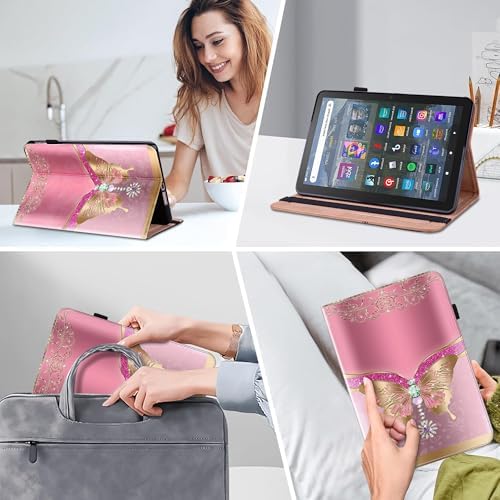 Case for Amazon Fire HD 8 / Fire HD 8 Plus (12th/10th Generation,2024/2022/2020), Folio Stand PU Leather Wallet Cover with Elastic Band & Card Slots for Fire HD 8 Tablet 8 Inch - Pink Butterfly - Image 5