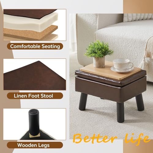 Storage Ottoman, Small Foot Stool Ottoman with Storage, Faux Leather Foot Rest with Wood Legs, Footstool for Living Room, Bedroom, Entryway, Brown - Image 4