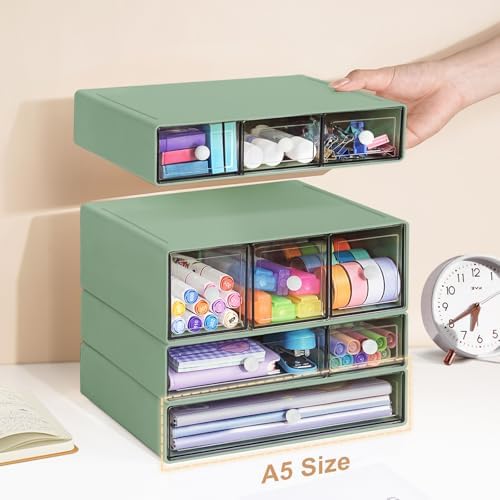 Desk Storage Organizer with 9 Drawers, 4 Tiers Stackable Desktop Craft Storage Drawers, Clear Storage Box Caddy for Stationary Makeup Jewelry Office Craft Supplies (Green) - Image 2