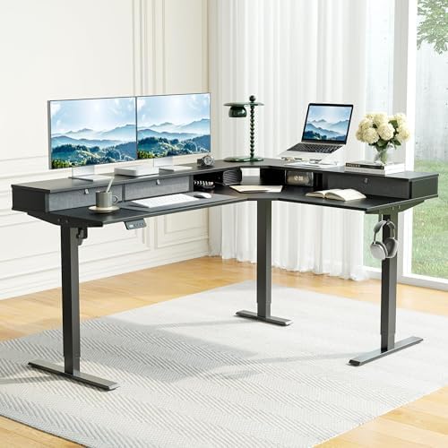 CubiCubi 63"x48" L Shaped Standing Desk with Drawers & Shelf, Modern Black - Image 2