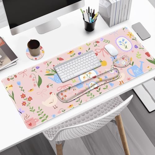 Large Gaming Mouse Pad Set, Adorable Style 4 in1 Ergonomics Keyboard Desk Mat with Memory Foam Wrist Rest, Extended Game Mousepad, Non-Slip Desk Pad Matt Easy Typing Pain Relief I Pink Girly - Image 2