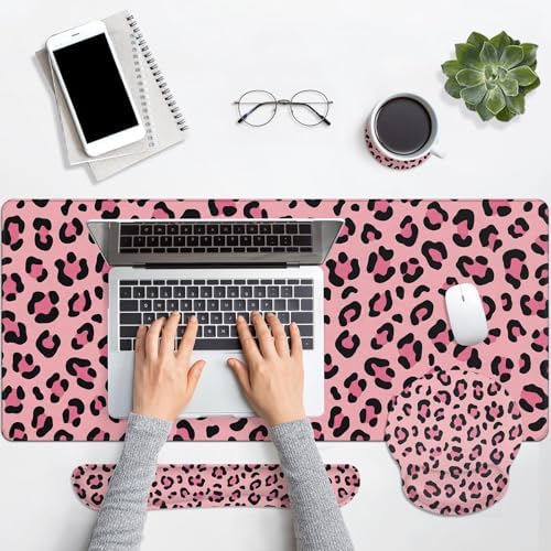 Arttown Keyboard Mouse Pad Set, 4 in 1 Desk Mat Set Leopard Pink - Image 7