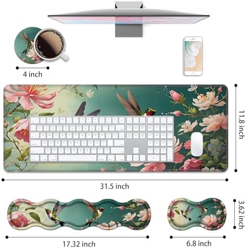 4 in 1 Ergonomic Keyboard Wrist Rest & Mouse Pad Wrist Rest Set, Large XXL Gaming Desk Mat 31.5"x 11.8" with Non-Slip Base, Memory Foam for Home Office Study Gaming, Hummingbird Flowers - Image 2