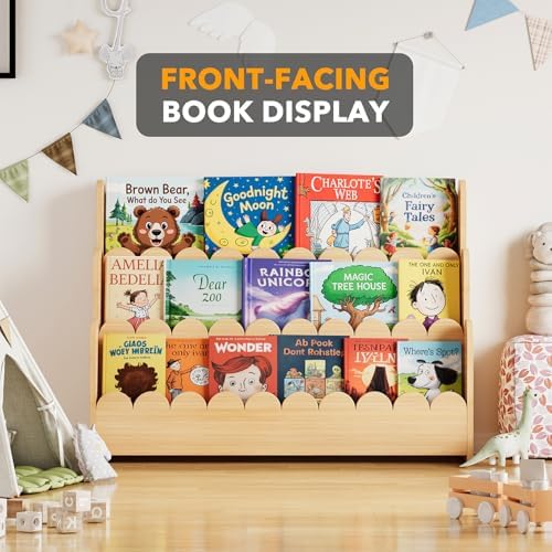 SpaceAid 3-Tier Scalloped Bookshelf, Montessori Bookcase for Toddlers, Wooden Book Shelf Organizer Display Furniture for Kids Rooms, Playroom, Nursery and Classroom, 36.7“ Wide, Natural - Image 5