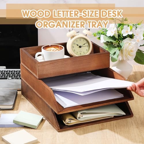 Beeveer 3 Pcs Wooden Letter Tray Stackable 3 Layer Paper Tray, Brown - Image 3