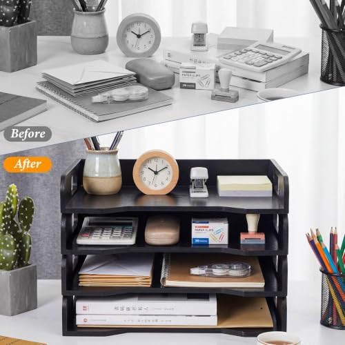 Yinkin Wooden Stackable Paper Trays 4-tier Wooden Paper Organizer for Desk Letter Documents Woodens Desktop File Organizers for Desktop File Holder and Office Supplies Rack for Home Office Use (Black) - Image 4