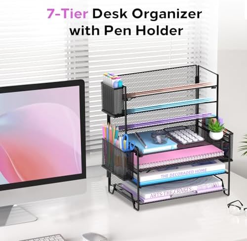 7-Tier Desk Organizer with 3 Pen Holders, Metal Letter Tray, Black - Image 4