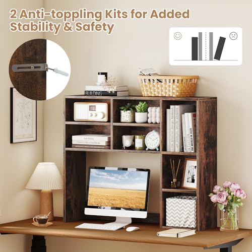 GOFLAME 7 Cubes Desktop Bookshelf, 37” Desk Organizer Shelf with 3 Adjustable Shelves, 3-Tier Wood Countertop Display Rack, Multipurpose Tabletop Desk Hutch for Dorm, Home Office, Rustic Brown - Image 7