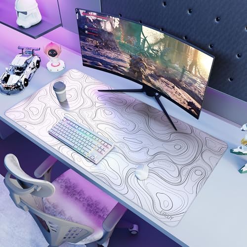 Cacoy 48"x24" White Topographic Large Gaming Mouse Pad Extended PC Desk Mat - Image 3