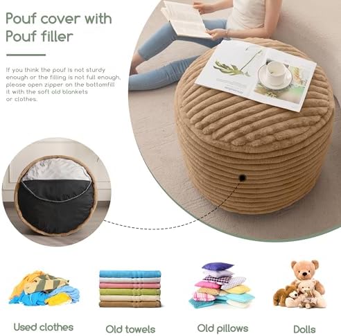 HIGOGOGO Round Stuffed Pouf Ottoman, Corduroy Poufs with High-Density Foam Filling, Furry and Fluffy Pouf Foot Stool Storage Ottoman, 20 X 15 Floor Poufs Foot Rest for Living Room, Brown - Image 6