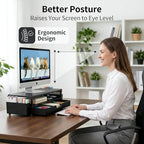 ECOLOVI Desk Organizer and Accessories, 2-Tier Computer Monitor Stand Rise with Storage Drawer & 2 Pen Holders, Laptop & Printer Stand for Desktop, Workspace Organizers for Office Supplies (Black 2-Pack)) - Image 2