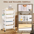 Rolling Cart with Drawers, Rolling Storage Cart with 5 Large Plastic Drawers & Wooden Tabletop, Utility Cart with Pegboards & Basket, Storage Drawers Cart for Living Room, Classroom, Bedroom, Office - Image 3