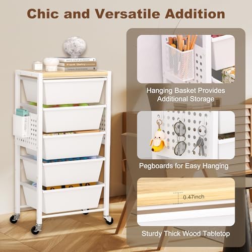 Rolling Cart with Drawers, Rolling Storage Cart with 5 Large Plastic Drawers & Wooden Tabletop, Utility Cart with Pegboards & Basket, Storage Drawers Cart for Living Room, Classroom, Bedroom, Office - Image 3
