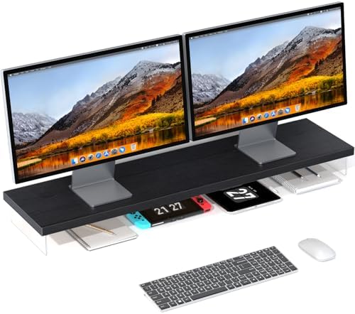 Dual Monitor Stand Riser, 40x10 in Wood & Acrylic Desktop Organizer Shelf by SSWOOD