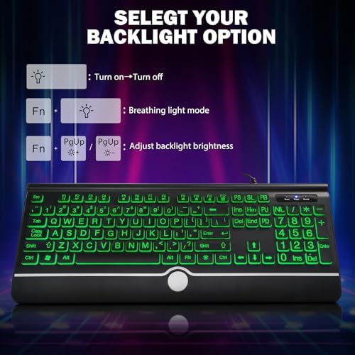 Large Print Backlit Computer Keyboard, 7-Color Backlit Keyboard with Wrist Rest, USB Plug-and-Play, Oversize Letters Keys Easy to See and Type, Wired Light Up Keyboards for Laptop, PC, Gaming - Image 6