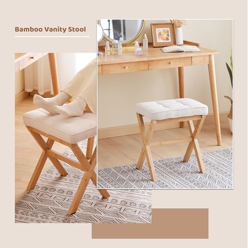 Foot Stool Small Ottoman Foot Rest Padded Foot Stool Desk for Under Office Desk Vanity Stool Bamboo Footstool Sofa Footrest Shoe Stool Small Foot Stools (Natural Legs + Beige) - Image 7