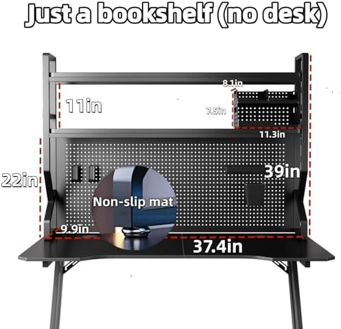 Desktop Hutch Bookshelf,Many Gifts,Metal Desktop Bookcase with pegboard, Desk Shelf, Countertop Storage Organizer Rack for Dorm or Office,Desktop Shelves (Black, 37.4" Lx9.9 Wx39 H) - Image 2