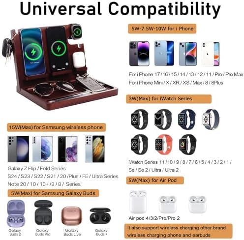 Wood Phone Docking Station 27W Fast Charging 2 Phone Wireless Charging Station for iosPhone/Android/iWatch/Air Pod Nightstand Organizer for Men/Women AnniversaryBirthday Gifts for him - Image 3