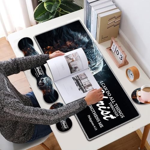 4 in 1 Mouse Pad Combo, Large Gaming Mouse Pad + Keyboard Wrist Support + Mouse Wrist Rest + Coaster, Table Pad 31.5 "x 11.8" with Memory Foam Ergonomic Wrist Pad Set, Ferocious Wolf - Image 2